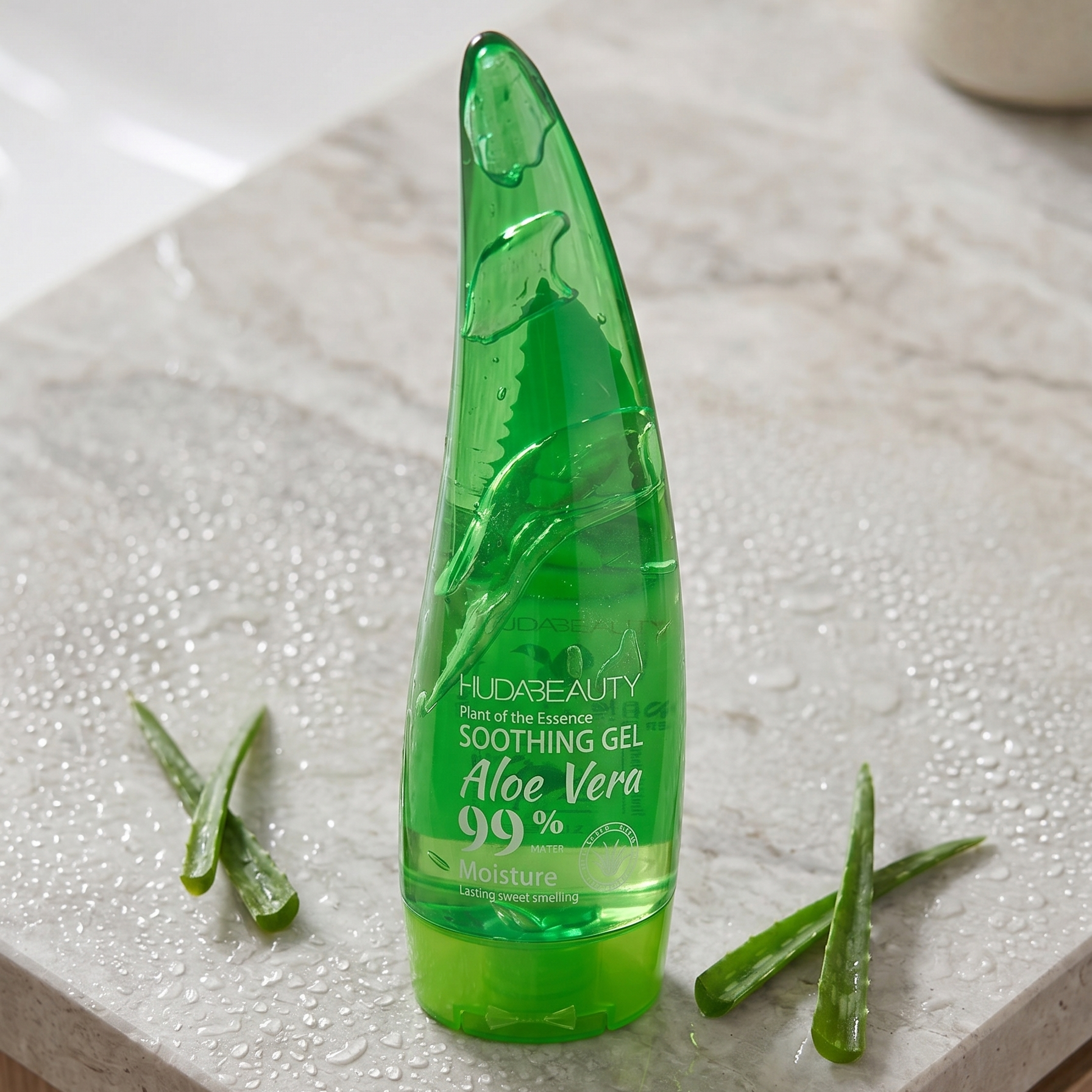 HudaBeauty Aloe Vera hidratantni gel za lice i telo u jedinstvenom zelenom pakovanju u obliku lista.