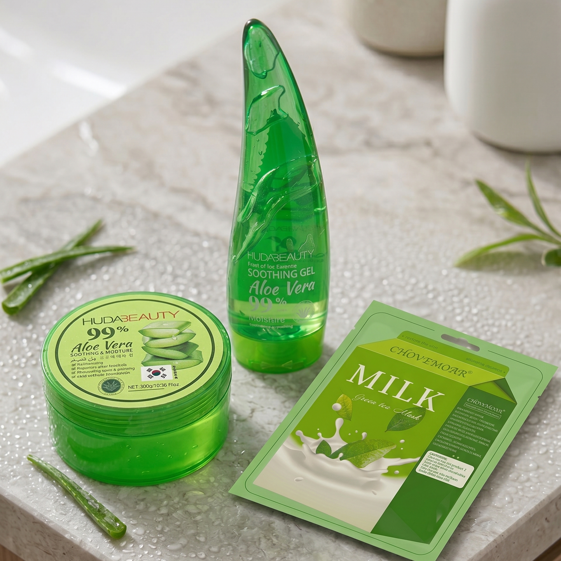Korejski Glow-Up set za negu lica koji sadrži HudaBeauty aloe vera gel, aloe gel u obliku lista i Chovemoar masku od zelenog čaja.