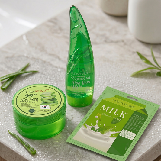 Korejski Glow-Up set za negu lica koji sadrži HudaBeauty aloe vera gel, aloe gel u obliku lista i Chovemoar masku od zelenog čaja.