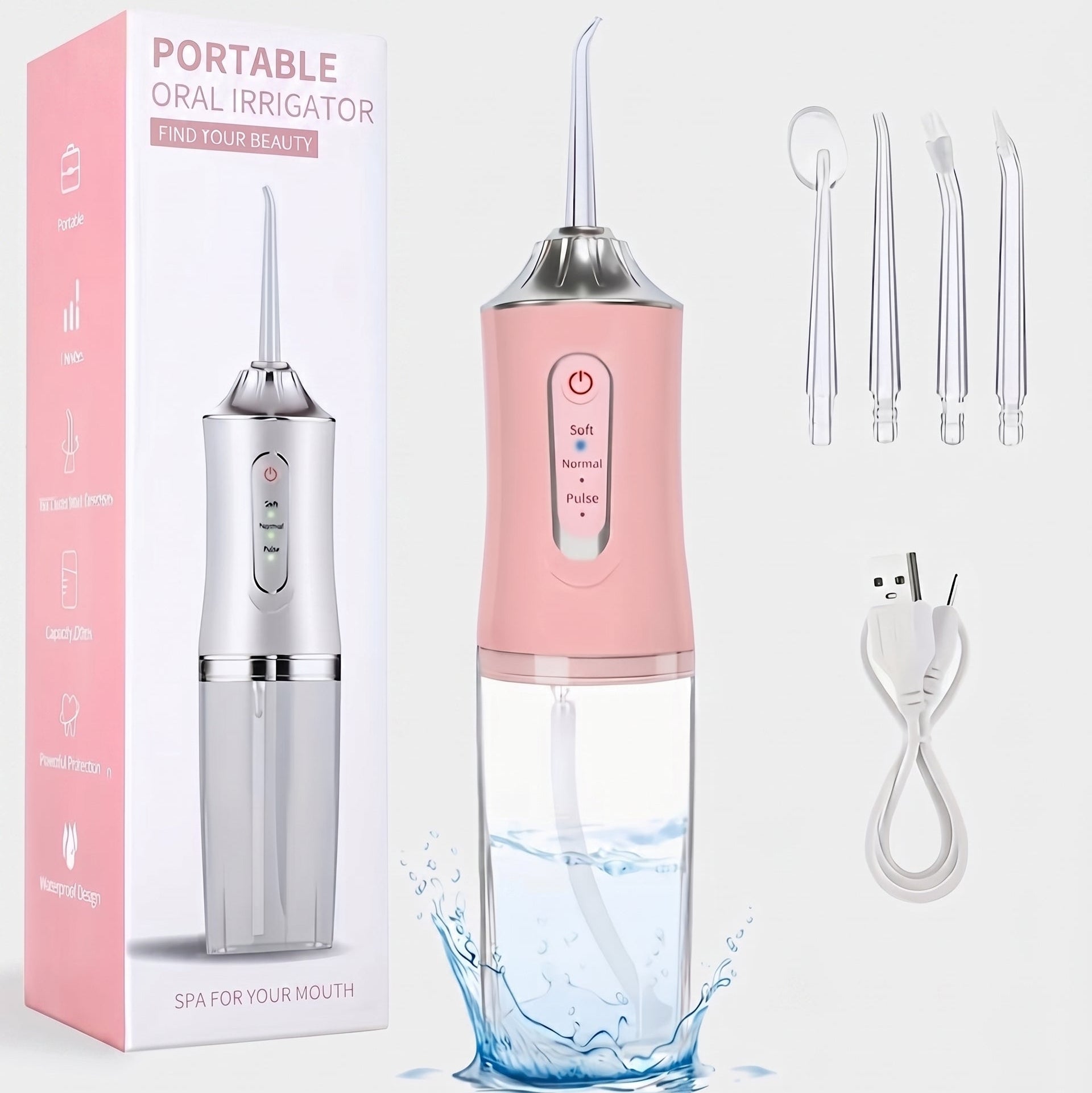 Profesionalni roze oralni irrigator za zube sa zamenskim nastavcima i kablom za punjenje