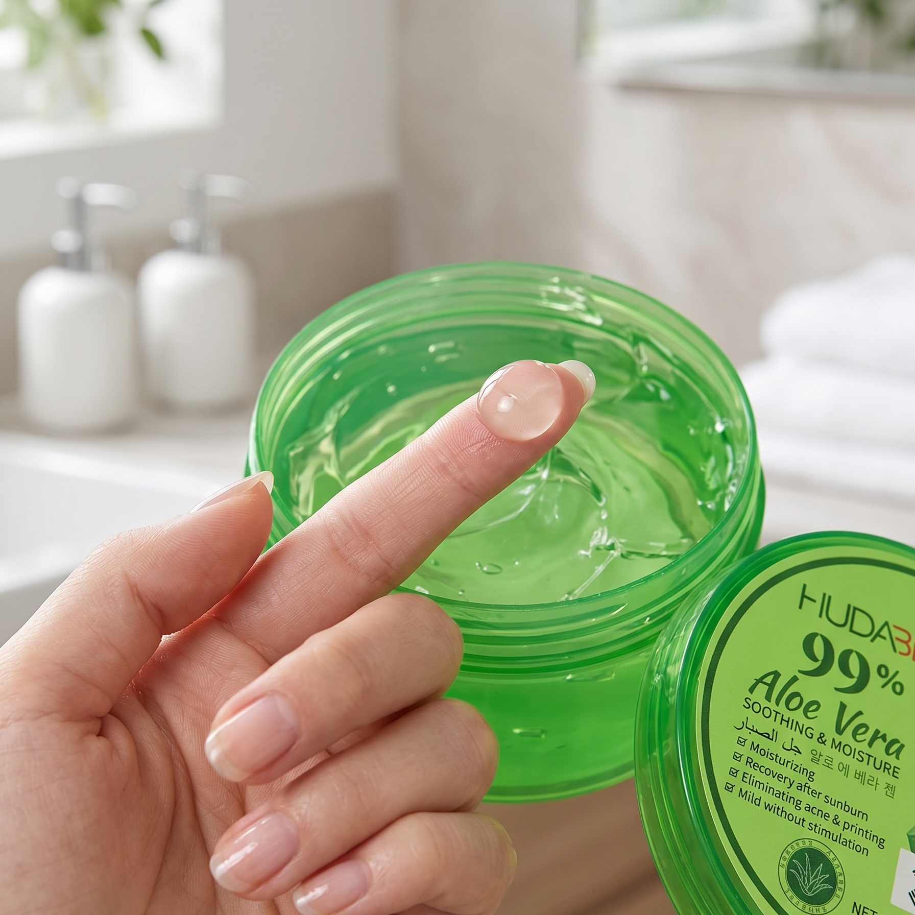 Krupni kadar prsta koji nanosi prozirni i osvežavajući aloe vera gel iz otvorene HudaBeauty kutije